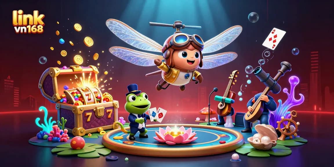 Engage in thrilling gameplay at link vn168's lily pad casino with a dragonfly pilot and frog dealer.