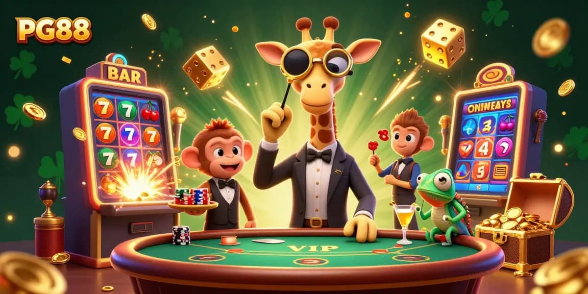 Experience dynamic gaming with PG88 in this vibrant illustration featuring high-stakes characters and casino excitement.