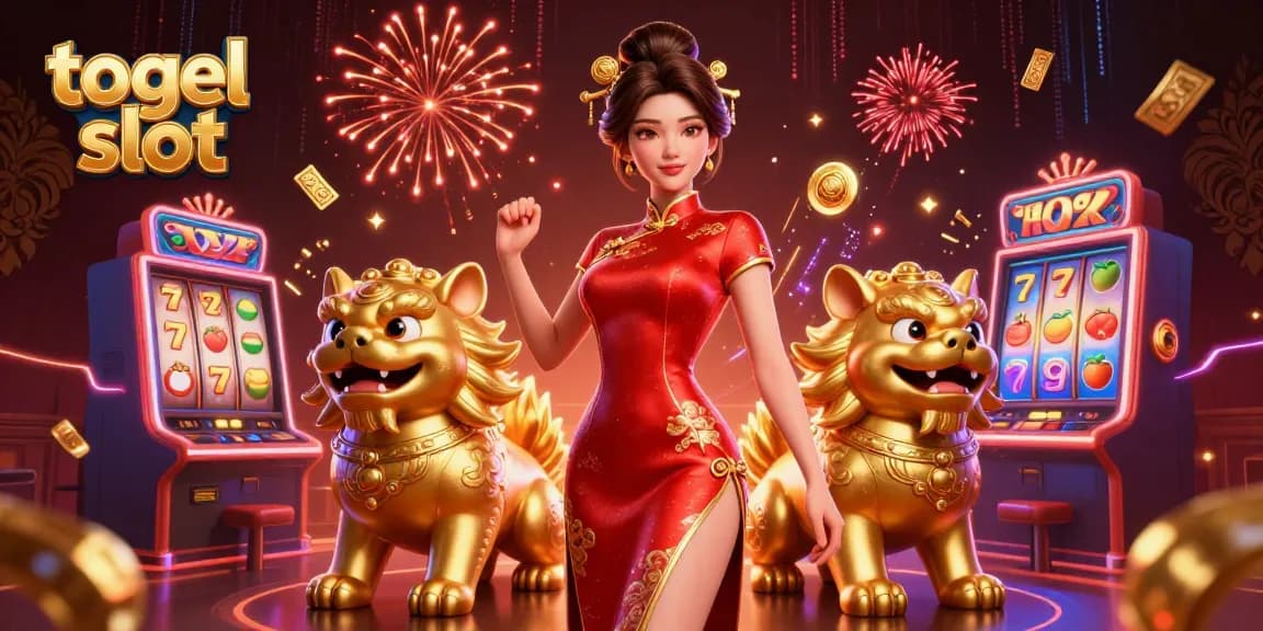 Engage with the thrilling world of togel slot featuring a glamorous character amidst dynamic slot machines and festive elements.