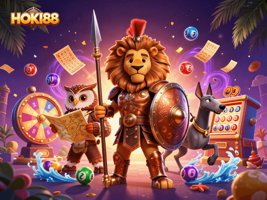 Experience the thrill of HOKI88 with vibrant lottery elements and spirited characters in a dynamic scene.