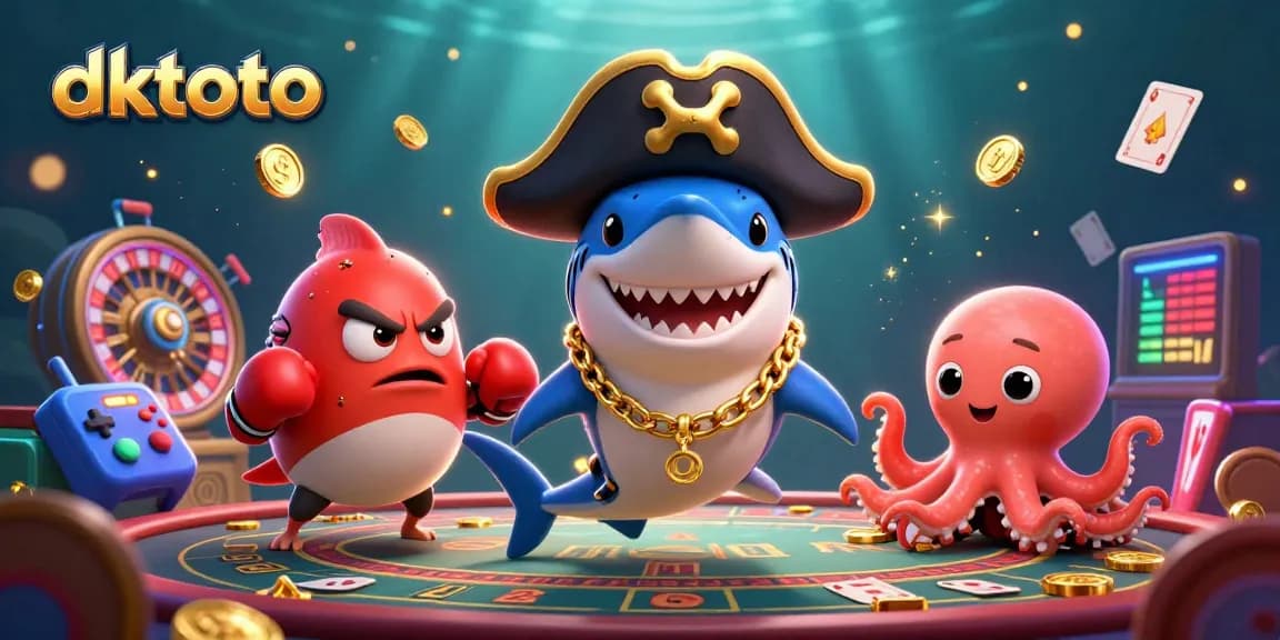 Engage with dktoto as the fun pirate shark leads in an energetic casino scene filled with vibrant game elements.