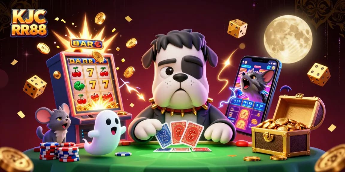 Experience thrilling play at KJC RR88 with a cartoon Frankenstein bulldog dealing cards amid exciting casino elements.