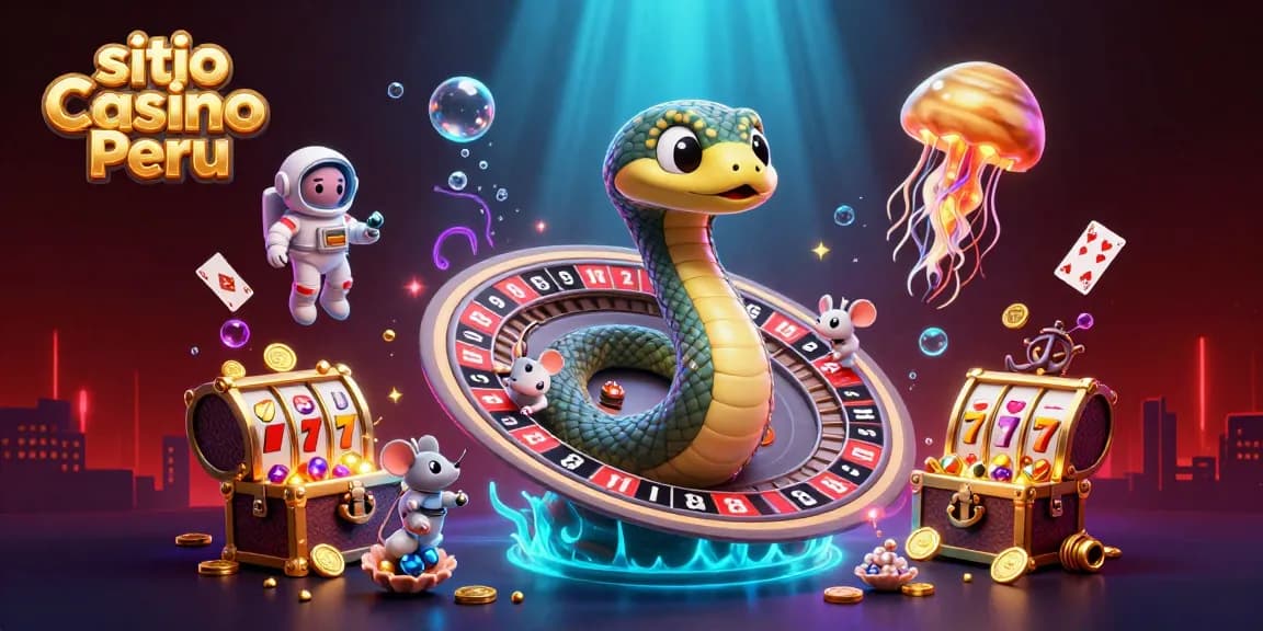 Jugando en el sitio Casino Perú: ilustración dinámica de un casino lleno de emoción y oro.