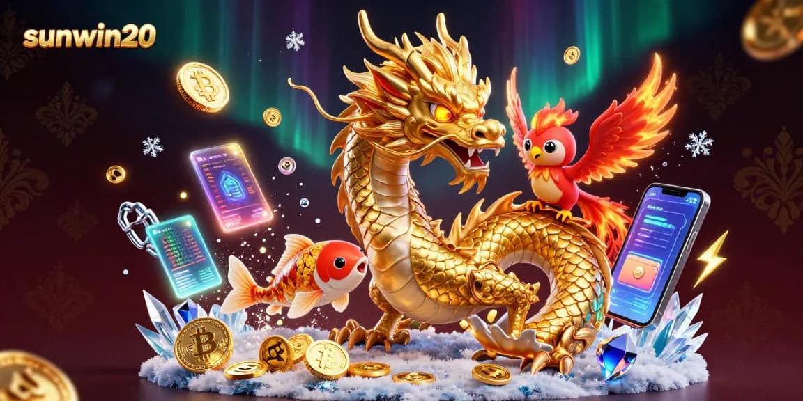 Experience the excitement at sunwin20 with a dragon, phoenix, and koi fish in a vibrant casino scene.