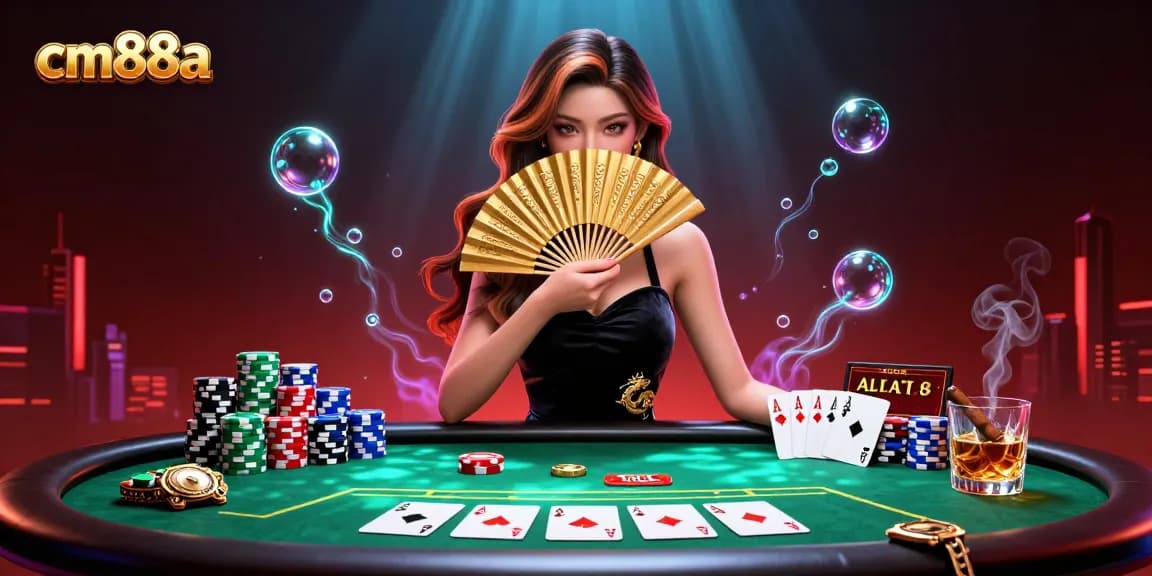 Engage in thrilling poker action at cm88a with a stunning Asian dealer in a vibrant casino setting.