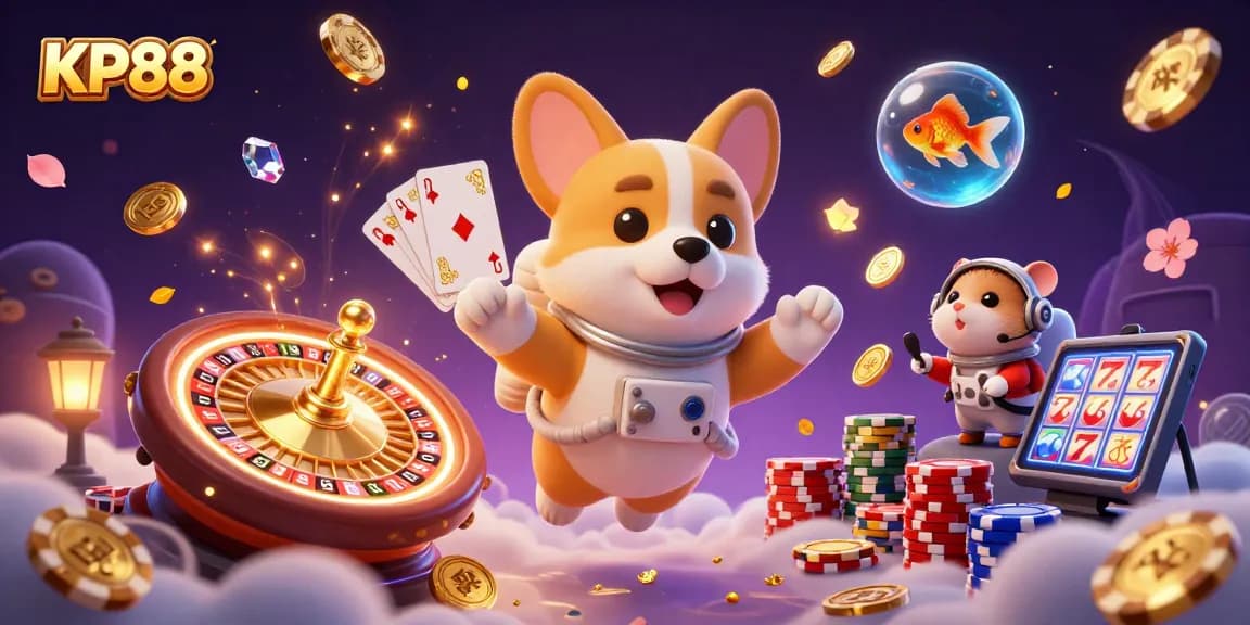 Experience KP88's thrilling space casino with animated astronaut, coins, and gaming fun.