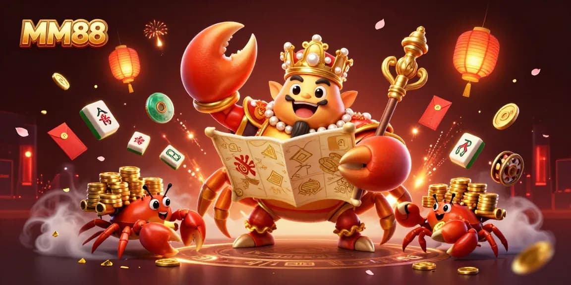 Players engage with MM88 casino featuring a golden crab emperor, slot reels, and festive gaming elements.