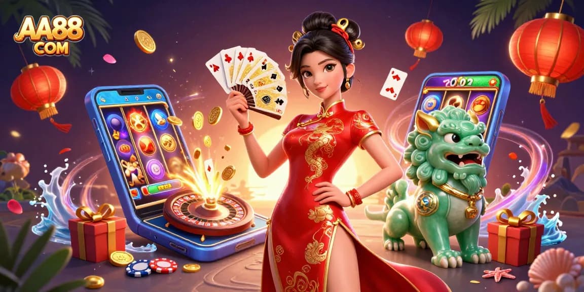 Experience the thrill of gaming with AA88 COM in a vibrant, captivating casino illustration featuring colorful slot games and lucky symbols.