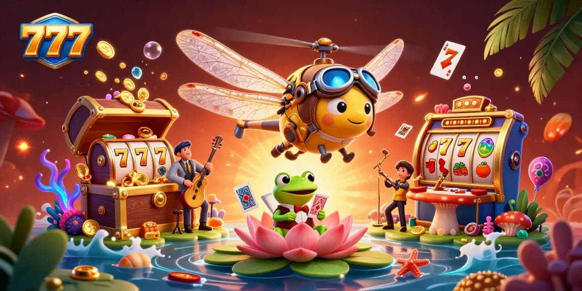 Engage with 777 slot action at a vibrant lily pad casino, featuring a frog croupier and jazz musicians.