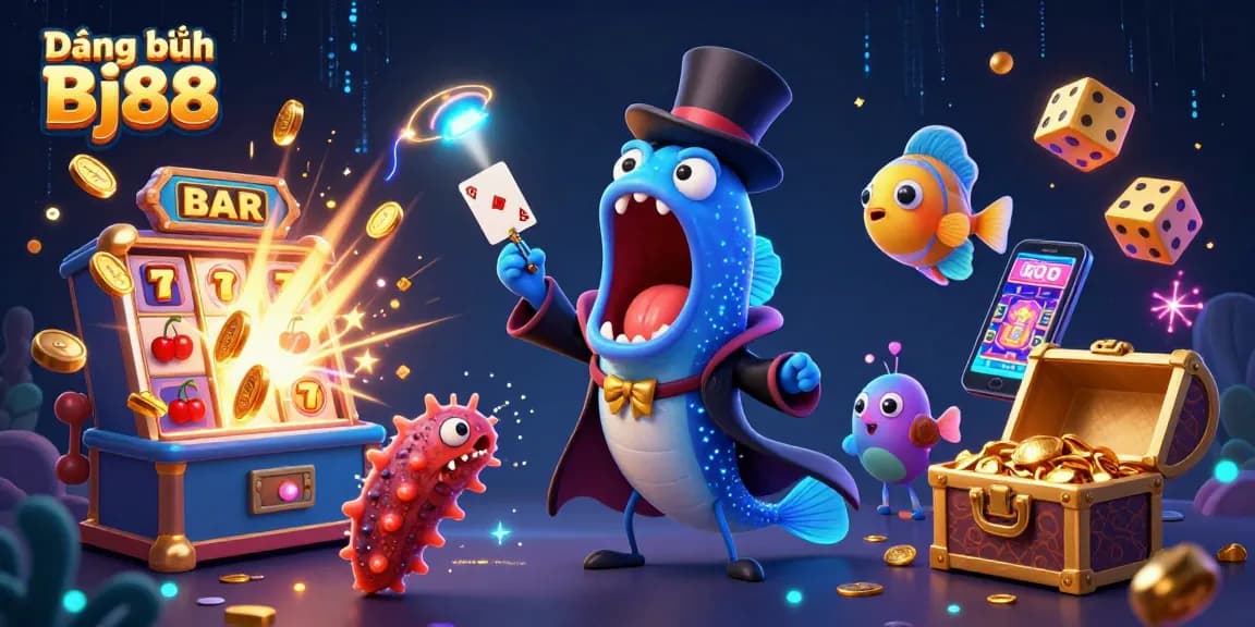 Experience Đăng ký Bj88 with a fun-filled, vibrant casino scene featuring magical deep-sea characters.