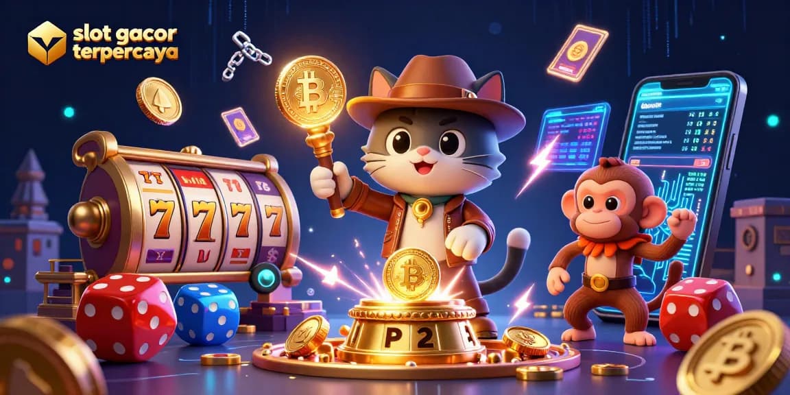 Permainan slot gacor terpercaya: kucing penjelajah menemukan artefak kasino emas dengan angka slot dan koin crypto.