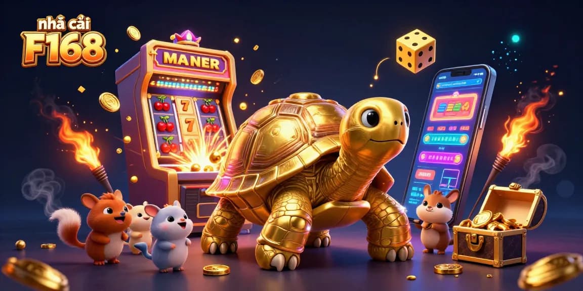 Play exciting games at nhà cái F168, featuring a colossal golden tortoise and dynamic slot machines.