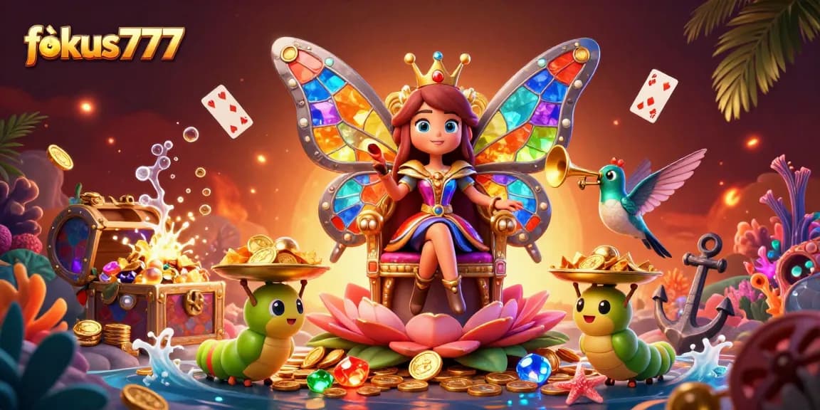 Experience the magic of fokus777 with the butterfly queen and vibrant casino treasures.