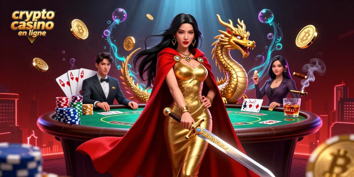 Engagez-vous avec l'action des crypto casinos en ligne mettant en scène une reine guerrière au milieu d'éléments de jeu vibrants