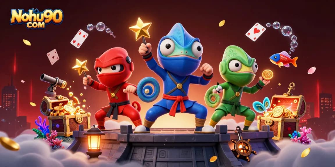 Nohu90 com features a vibrant scene with ninja chameleons performing in a glittering casino environment, showcasing exciting gaming elements.