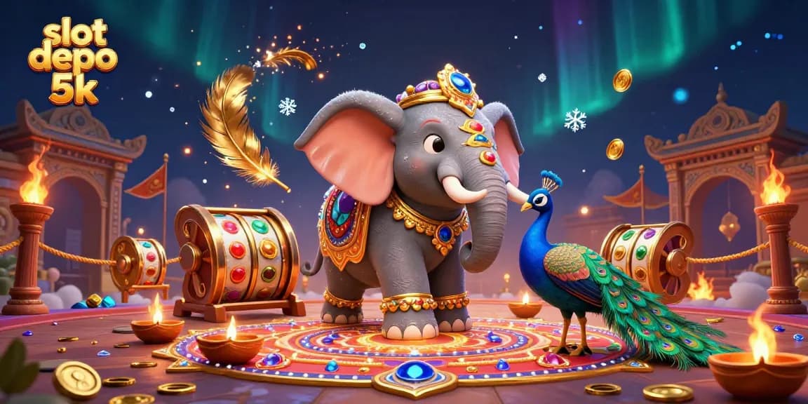 Enjoy exciting gameplay with slot depo 5k featuring vibrant elements like an elephant and peacock amidst dynamic casino scenes.