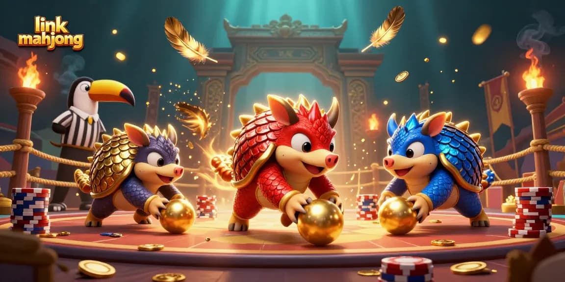Experience exciting gameplay with link mahjong, featuring rival pangolins in a vibrant casino scene.