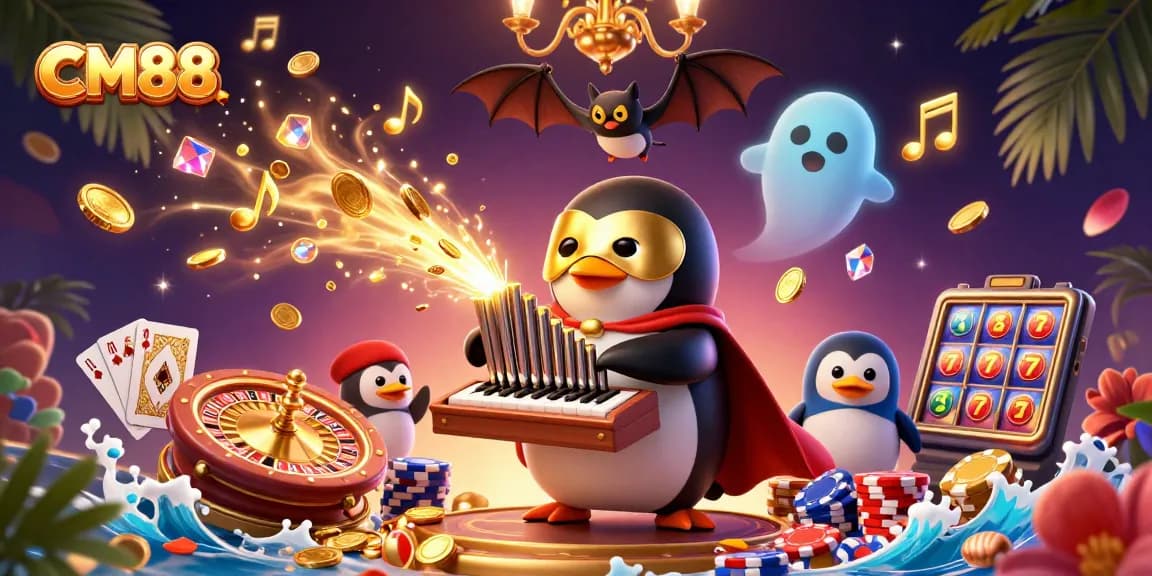 CM88 penguin playing organ shoots golden coins in a lively casino scene with vibrant elements.