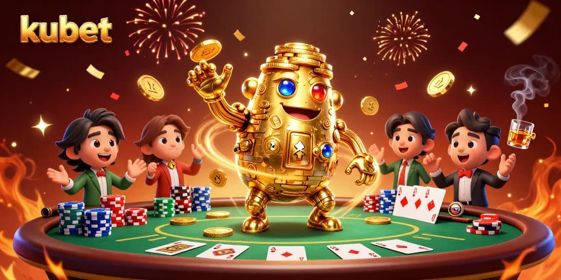 Engage in thrilling gameplay at kubet with a golden golem and poker elements in a vibrant casino scene.
