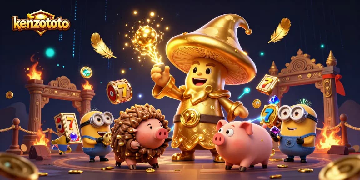 Experience kenzototo's gaming excitement amidst golden treasures and dynamic slot elements in a rich casino scene.