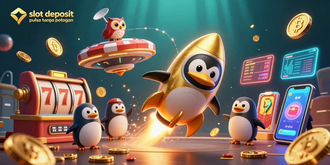 Permainan slot deposit pulsa tanpa potongan dengan fitur menarik seperti jackpot, dikelilingi oleh koin Bitcoin dan Ethereum yang berkilau.