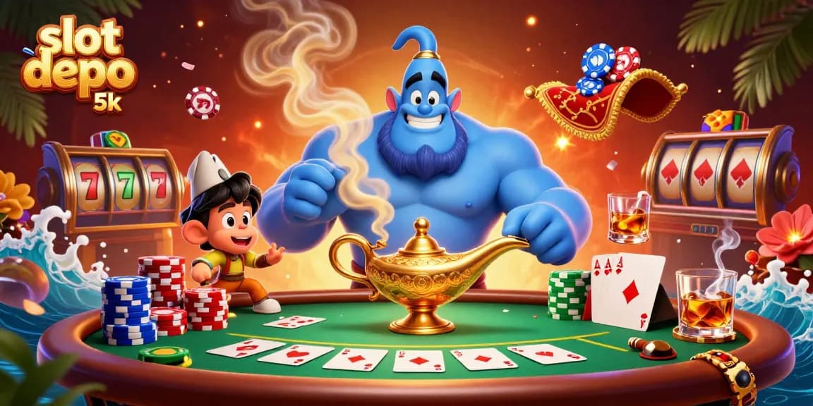 Engage with slot depo 5k in this vibrant casino scene featuring a genie, monkey, and poker chips.