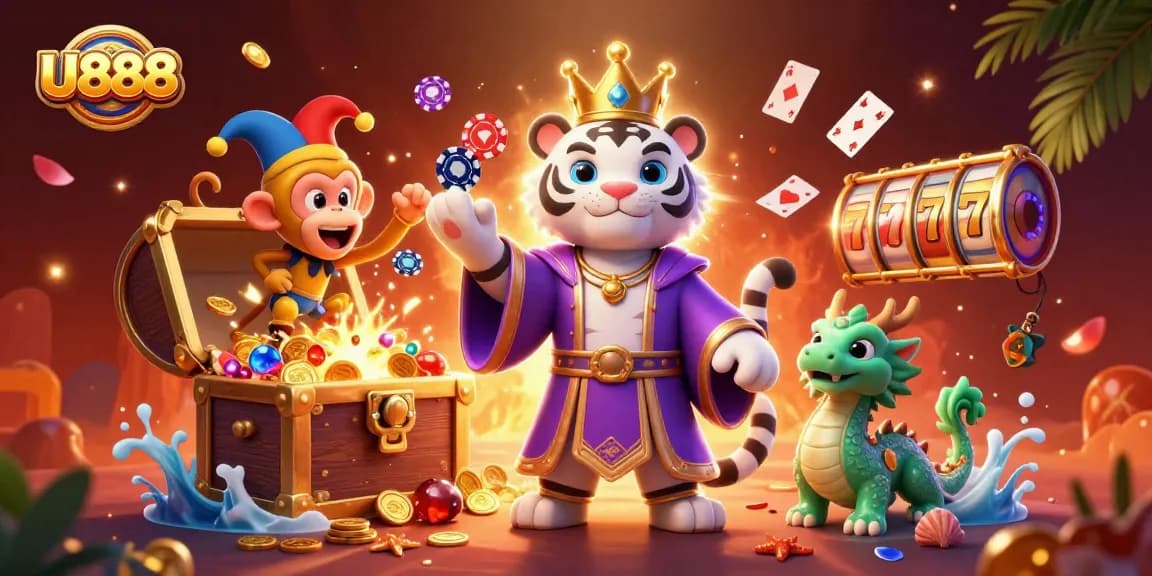Experience thrilling gameplay at U888 with a vibrant 3D illustration of casino elements.