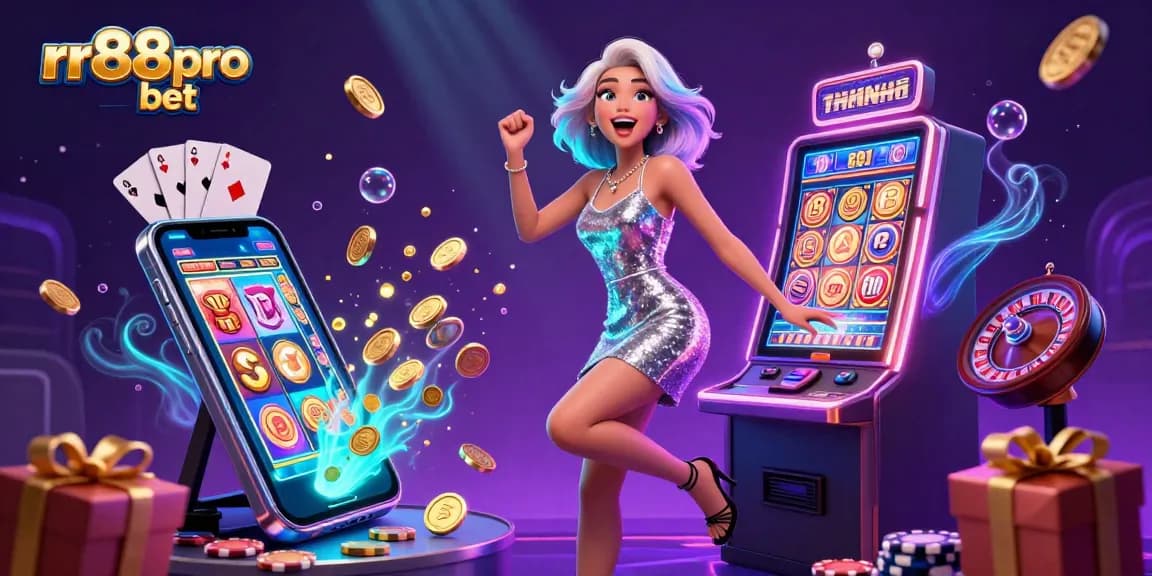 Experience the excitement of rr88pro bet with dynamic casino visuals and a vibrant celebration in the digital illustration.