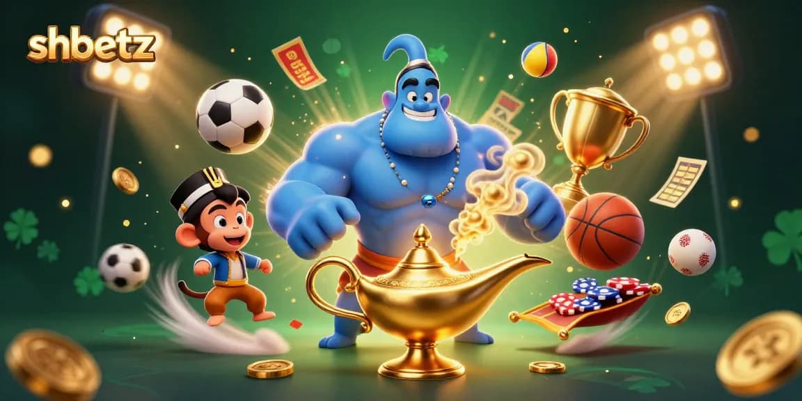 Experience thrilling gaming at shbetz with a genie and magical elements illustrating online sports betting.