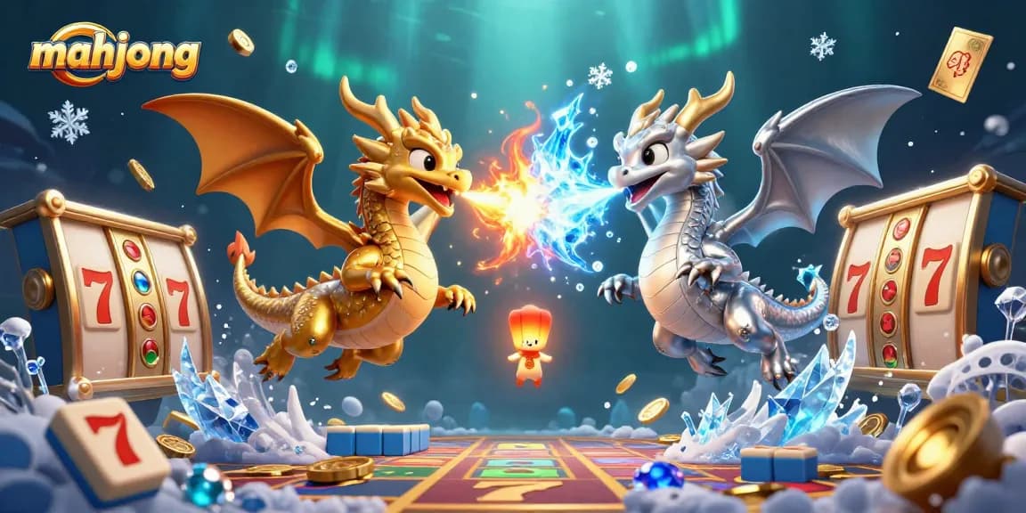 Play Mahjong with thrilling slot reels and energetic dragons in an exciting casino scene.