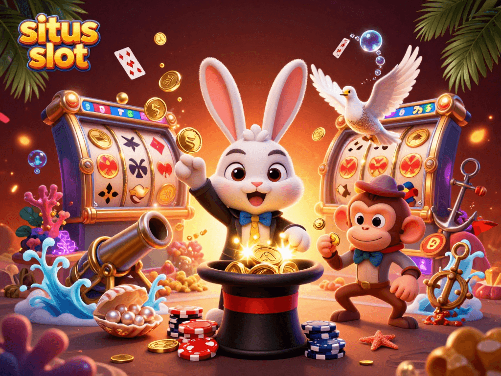 Mainkan situs slot dengan ilustrasi karakter menarik seperti kelinci penyihir yang menarik koin emas.