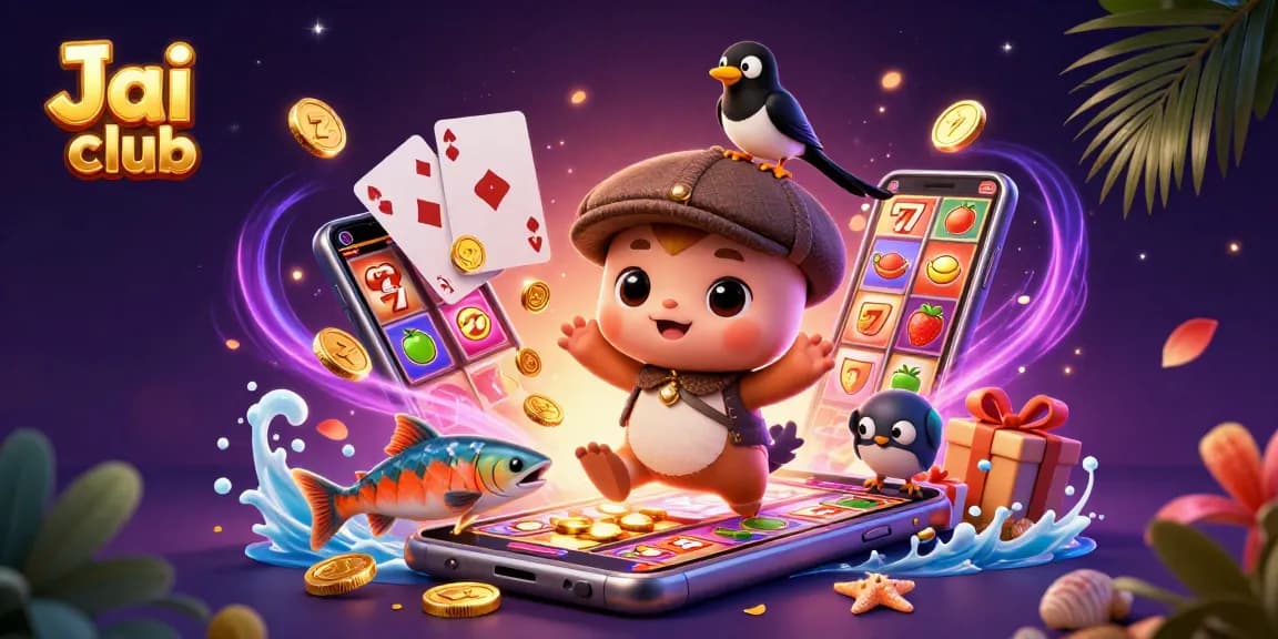 Engage in winning action at Jai club with a vibrant illustration of 3D characters and casino elements.