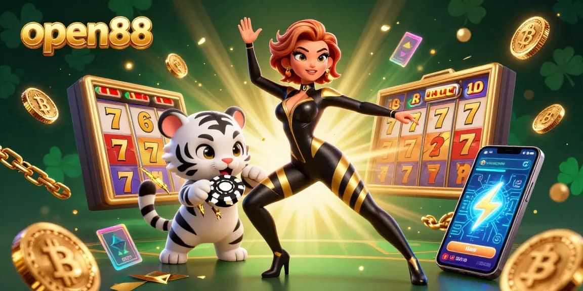 Spin the reels at open88 with vibrant slot games featuring dynamic characters and neon Bitcoin elements.