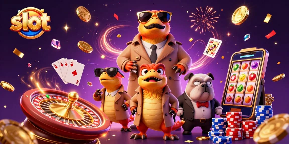 Menghadapi slot di kasino, tiga raptor dalam jas itu memperlihatkan simbol keberuntungan dan jackpot berkilauan.