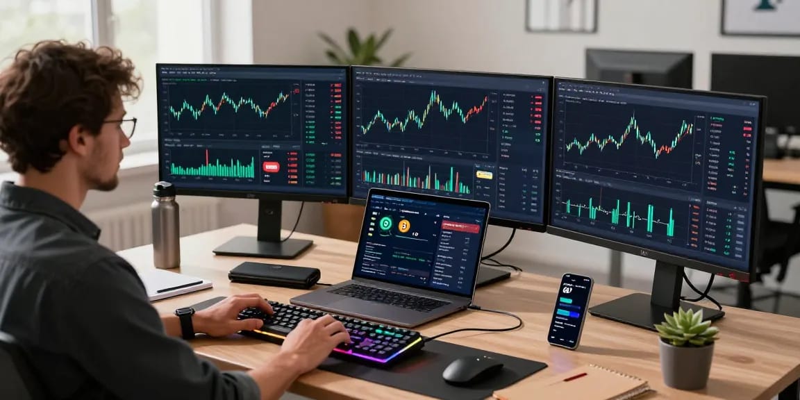 Playexch247 cryptocurrency trading workspace with multiple monitors displaying market analysis, vibrant charts, and wallet security tools in a modern tech office