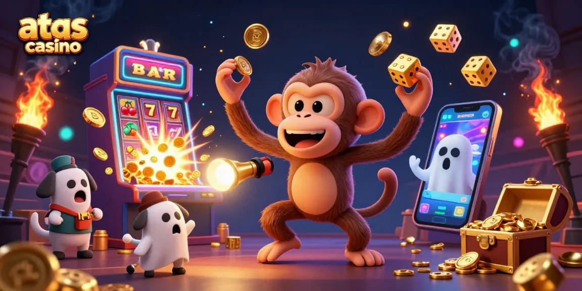 Experience excitement at atas casino with a dynamic scene of casino gaming elements and juggled treasures.