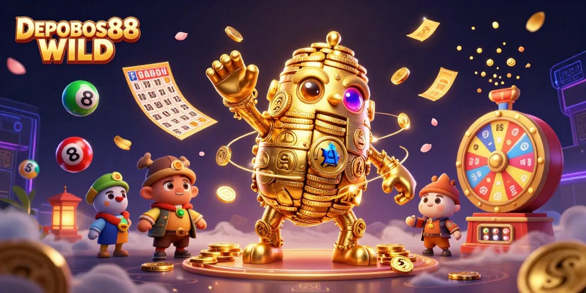 Engage with the vibrant DEPOBOS88 WILD adventure featuring a dynamic golden golem and lively lottery elements.