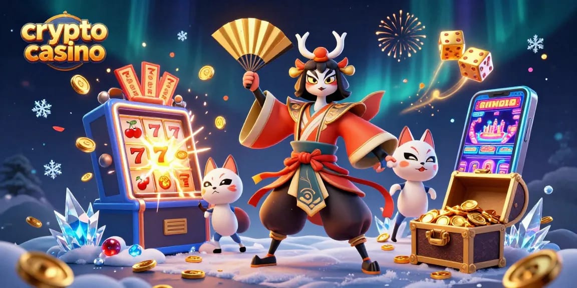 Experience excitement in a crypto casino with dynamic characters and vibrant gaming elements.