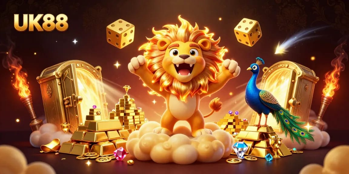 Experience the thrill of UK88 with a vibrant casino-themed 3D illustration featuring a majestic lion, golden dice, and treasures.