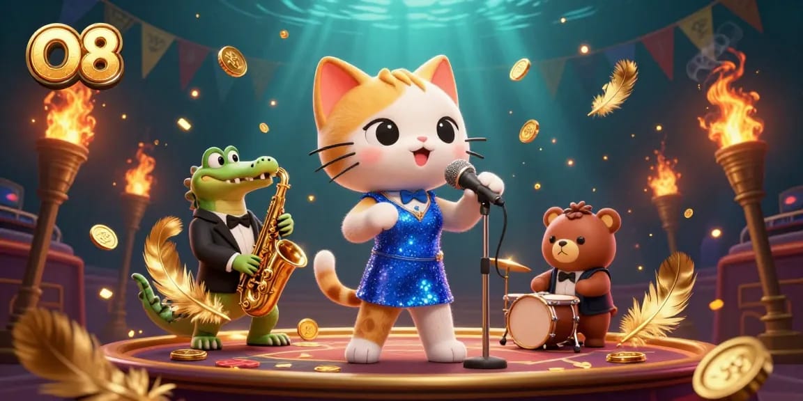 Engage with O8 at a vibrant casino scene featuring a jazz-singer cat and animated characters.