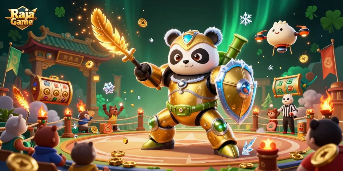 Experience the thrill of Raja Game with a dynamic 3D illustration showcasing an epic mech-suit panda in a vibrant gambling arena.