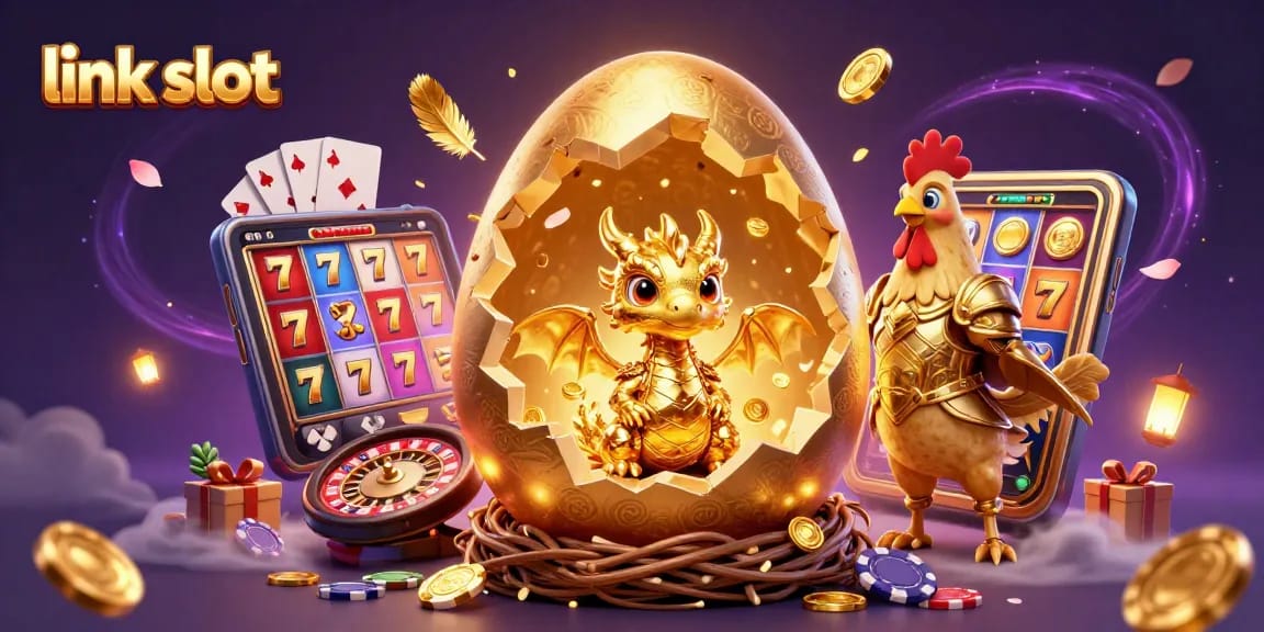 Menang dalam permainan link slot dengan ilustrasi naga emas dan chip poker, penuh warna dan detail.
