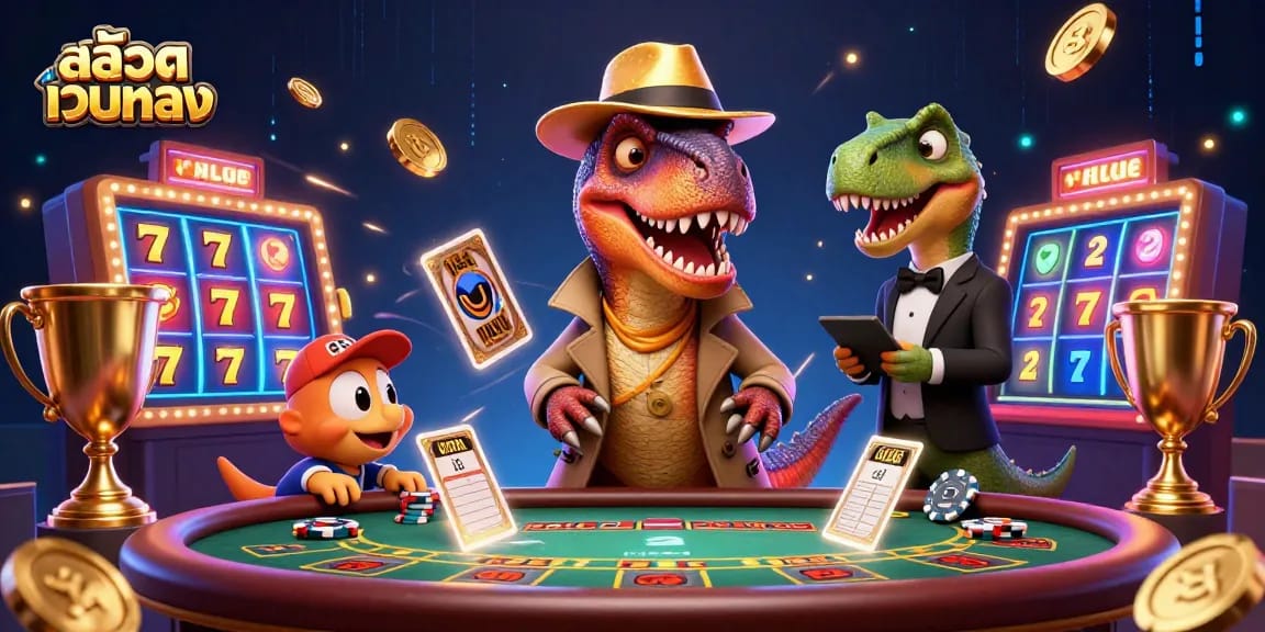 Experience thrilling สล็อตเว็บตรง action at a vibrant casino scene with a velociraptor card counter and dynamic game elements.
