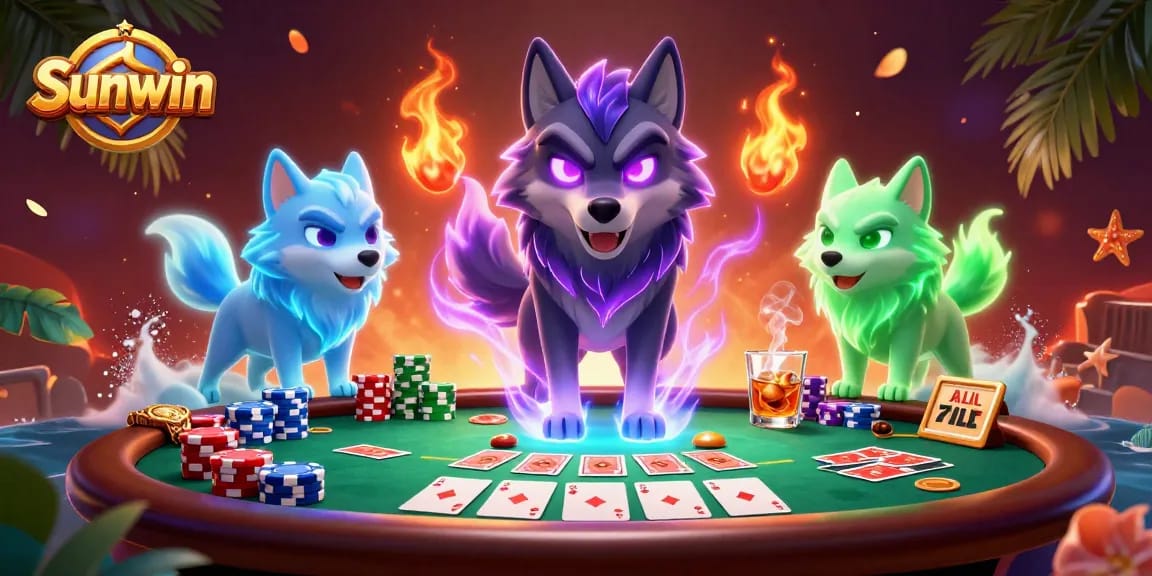 Win big at Sunwin with ghostly wolves surrounding a dynamic poker scene, rich with game elements.