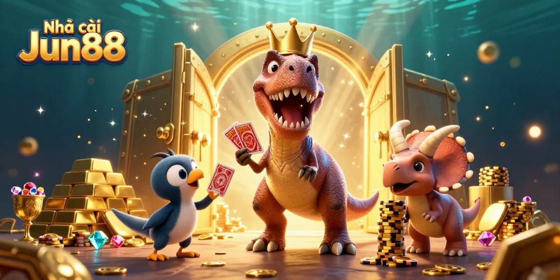 Engaging scene of Nhà cái Jun88 with cartoon dinosaurs winning at a casino, showcasing vibrant game elements.