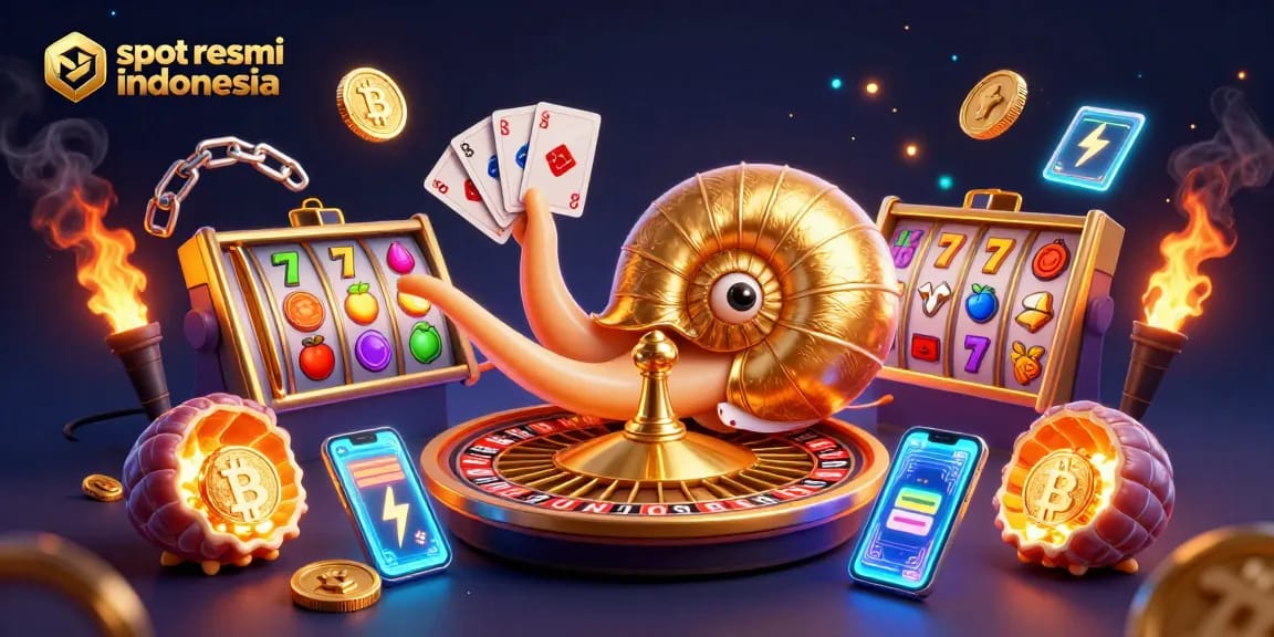 Slot resmi indonesia dengan nautilus kuno sebagai roda roulette dan simbol slot yang menggembirakan.