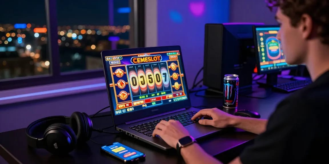 Engaging online gaming setup at night featuring CEMESLOT interface, illustrating Link Alternatif Cemeslot for secure and fast access.