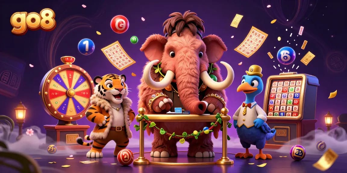 Engage with go8's vibrant casino scene featuring a woolly mammoth bouncer and VIP saber-tooth tiger.