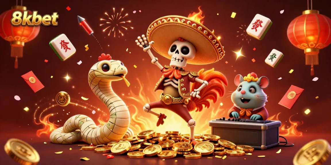 Engage with the excitement of 8xbet, featuring a festive scene of a mariachi rooster celebrating on gold coins.
