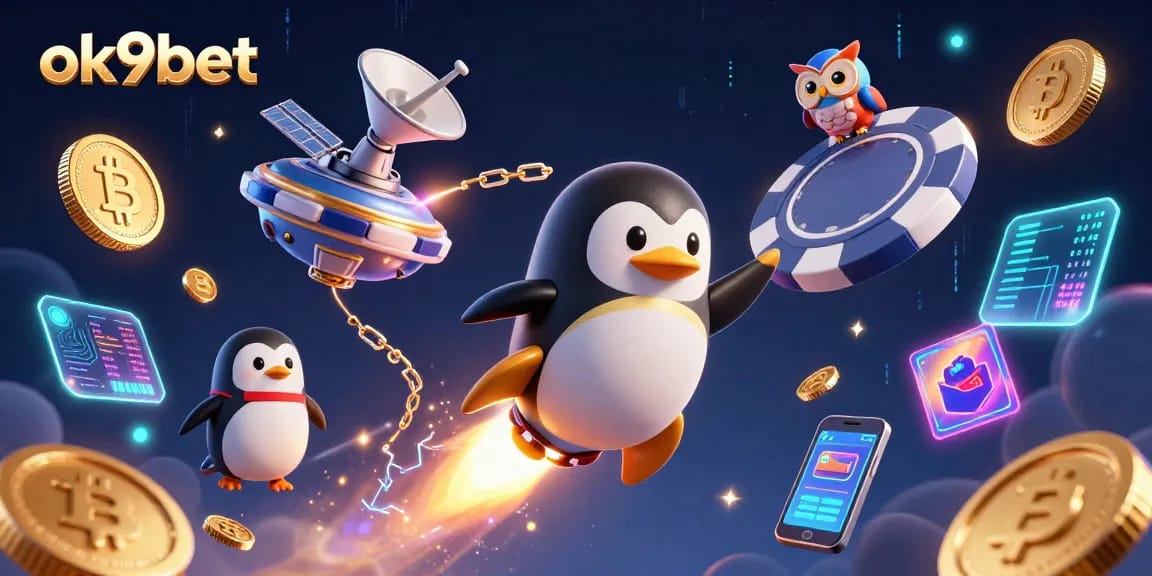 Experience the thrill of ok9bet with a golden penguin racing through space toward a casino chip.